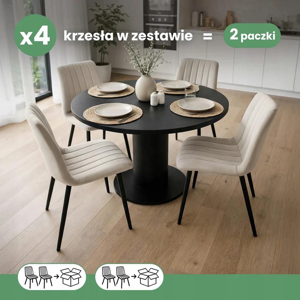 Akord 4x veliūru apmušta dygsniuota kėdė smėlio spalvos LIVO juodos metalinės kojos
