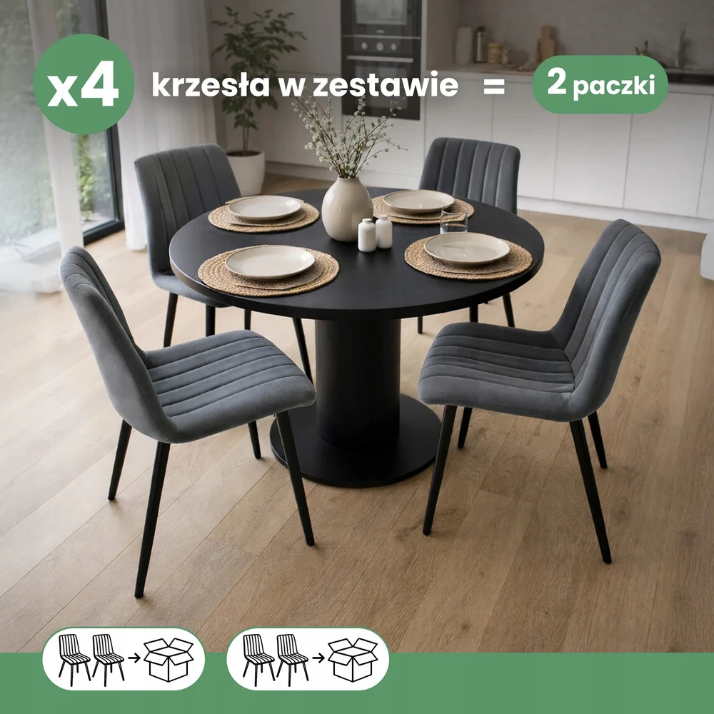 Akord 4x Veliūru apmušta dygsniuota kėdė tamsaus grafito LIVO juodos kojos