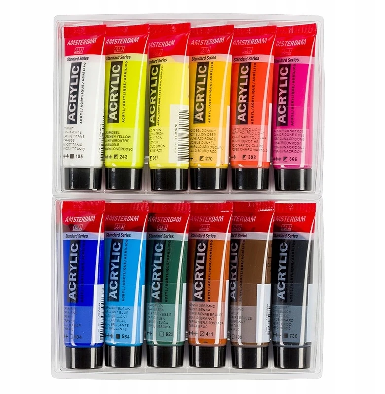 Akriliniai dažai - Talens - AMSTERDAM - 12 spalvų rinkinys - 6 x 20 ml - Atsparus vandeniui