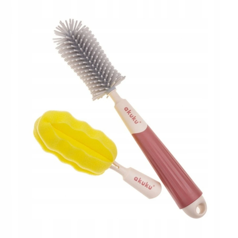 Akuku buteliukų, puodelių ir žindukų silikoninis šepetys su kempine, beige/pink, A0512