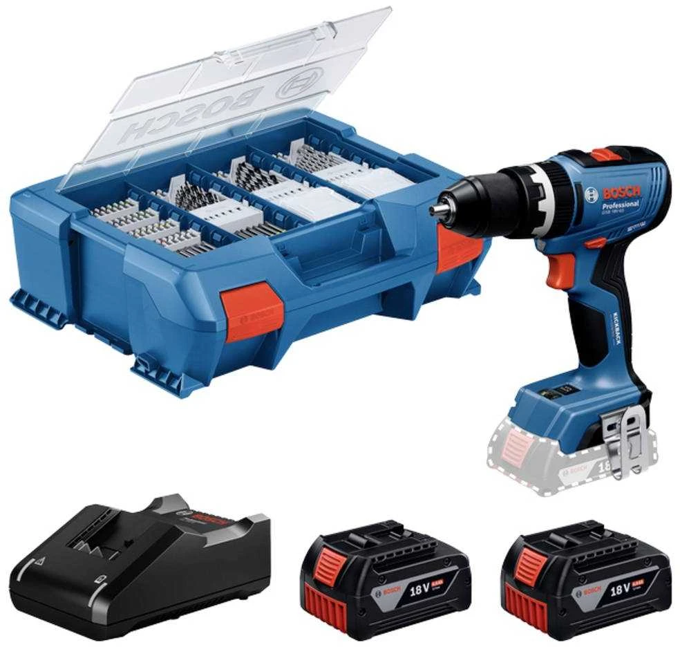 Bosch GSB 18V-65 gręžtuvas su priedų dėže ir akumuliatoriais
