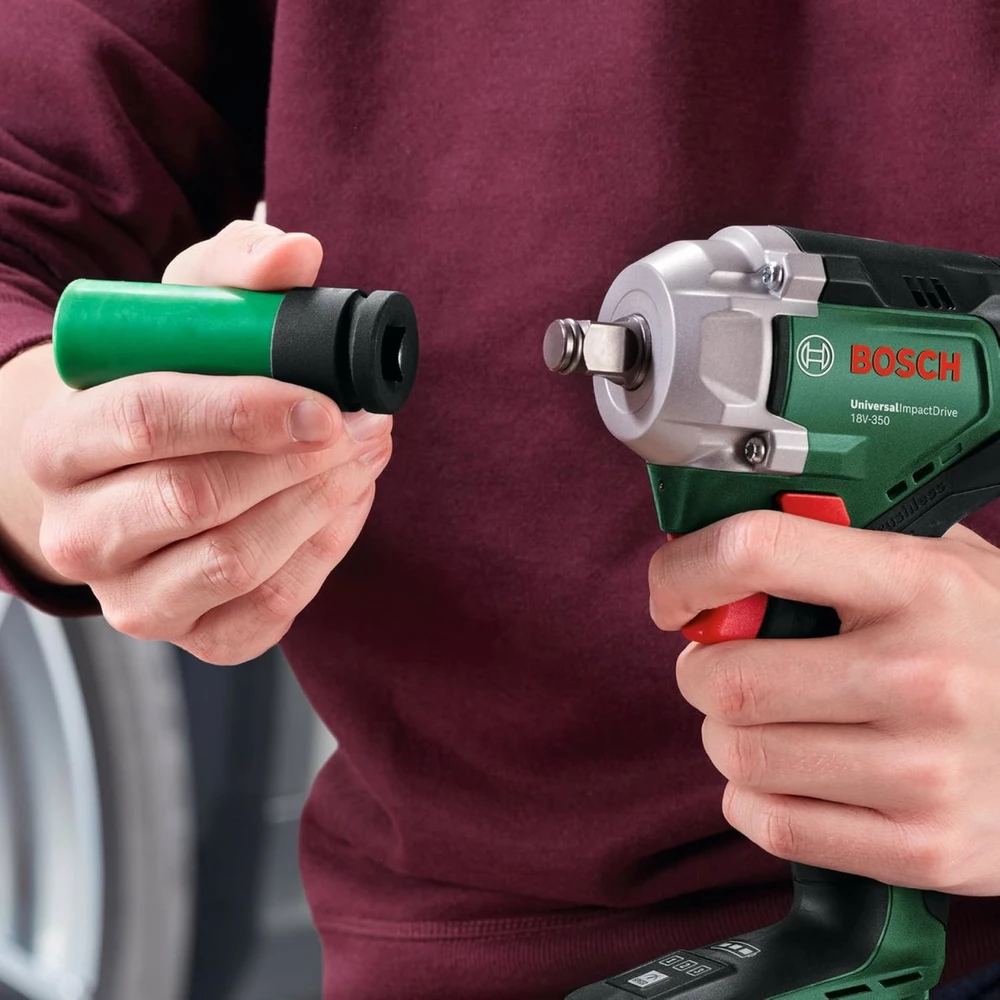 Bosch smūginis veržliasukis UniversalImpactDrive 18V-350 be akumuliatoriaus ir kroviklio + 3 sukimo galvutės