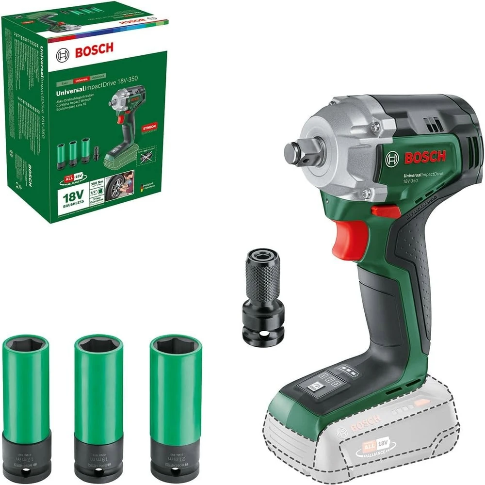 Bosch smūginis veržliasukis UniversalImpactDrive 18V-350 be akumuliatoriaus ir kroviklio + 3 sukimo galvutės