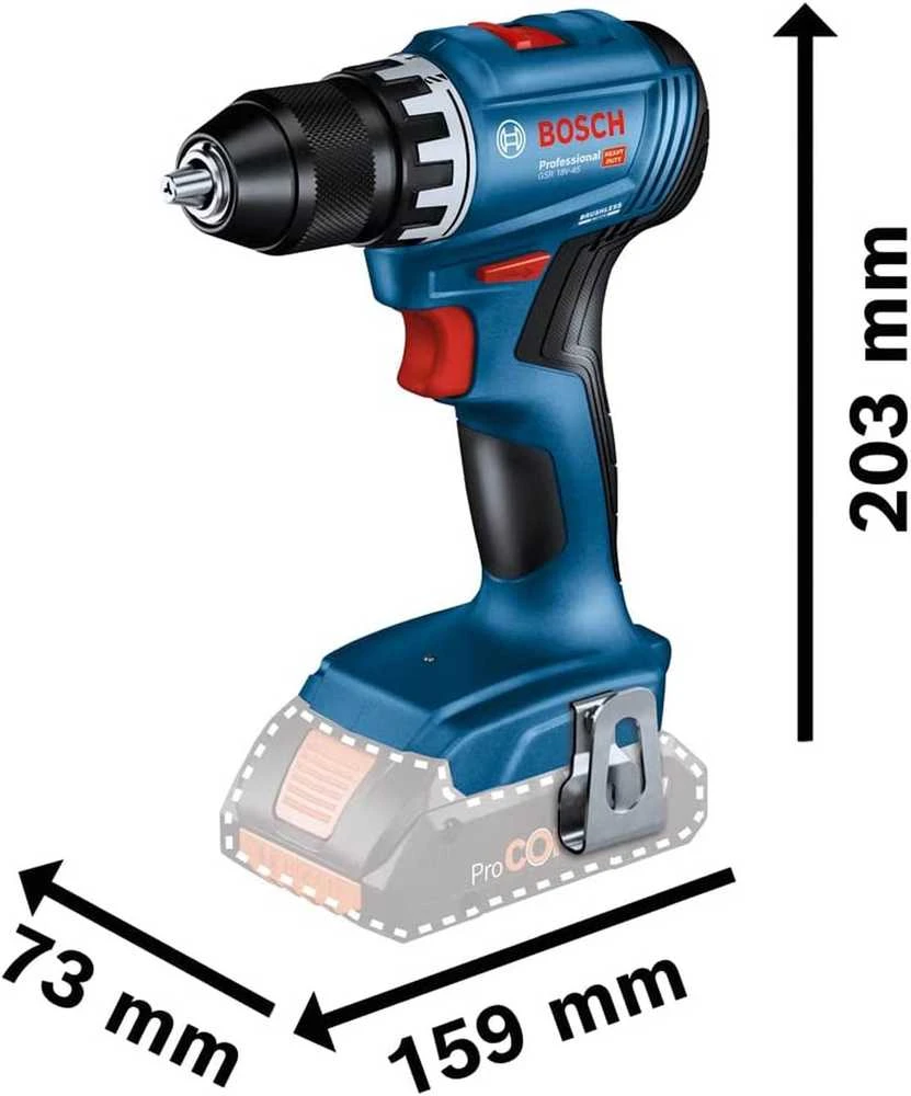 Akumuliatorinis gręžtuvas-suktuvas Bosch GSR 18V-45, be akumuliatoriaus ir kroviklio, 0-500 / 0-1.900 min.-1