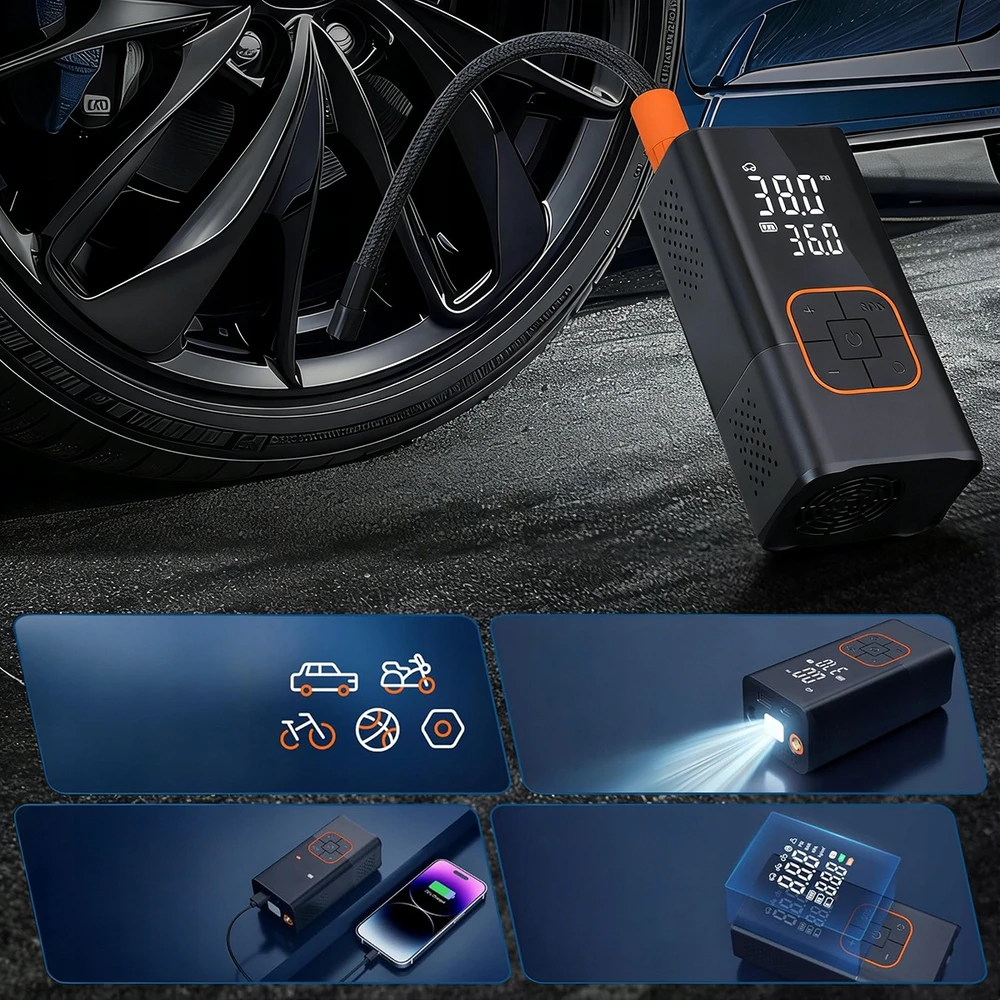 AKUMULIATORIUS AUTOMOBILIŲ DVIRAČIO KOMPRESORIUS SIURBLYS POWERBANK KOMPRESORIUS