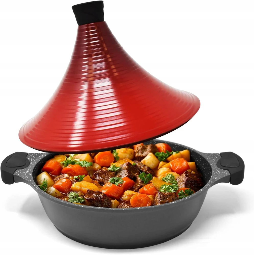 ALIUMINIO TAGINE PUODAS 28 CM INDUKCINIS NELIPA DIDELIS RAUDONAS