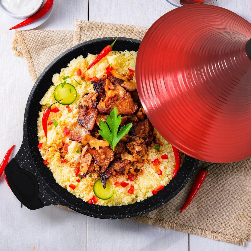 ALIUMINIO TAGINE PUODAS 28 CM INDUKCINIS NELIPA DIDELIS RAUDONAS