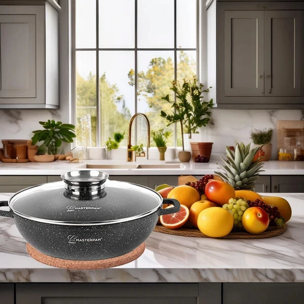 Aliuminio Wok 28 cm su marmurine danga ir stikliniu dangteliu 3,3 l Masterpan