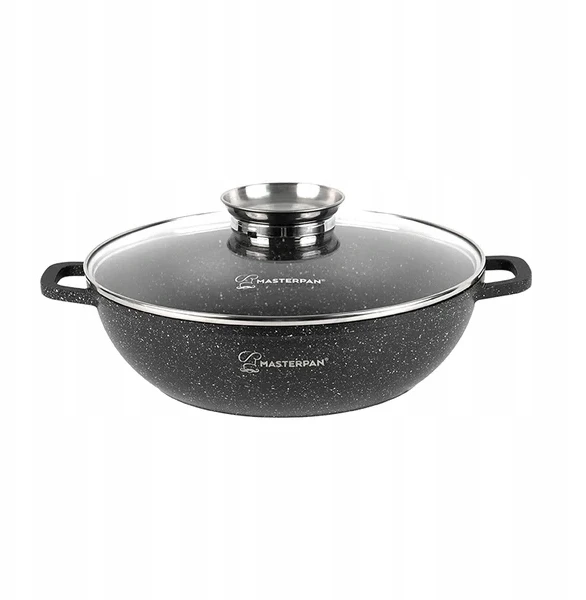 Aliuminio Wok 28 cm su marmurine danga ir stikliniu dangteliu 3,3 l Masterpan