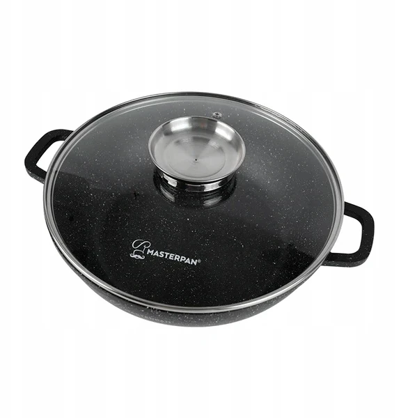 Aliuminio Wok 28 cm su marmurine danga ir stikliniu dangteliu 3,3 l Masterpan