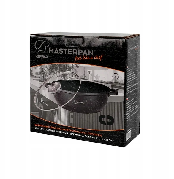 Aliuminio Wok 28 cm su marmurine danga ir stikliniu dangteliu 3,3 l Masterpan