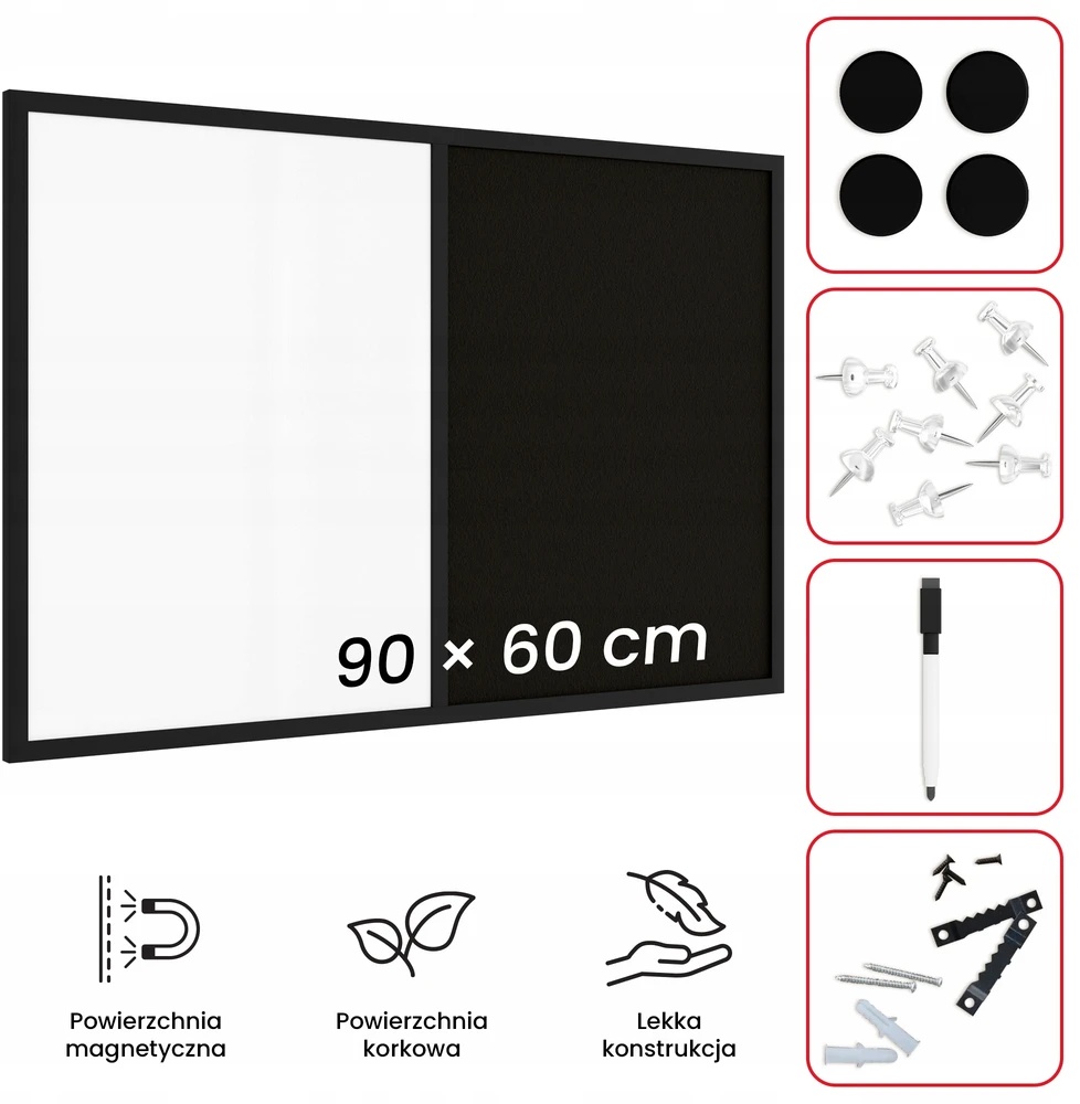 Allboards Kamštinė magnetinė lenta Combi, juoda, 90x60 cm