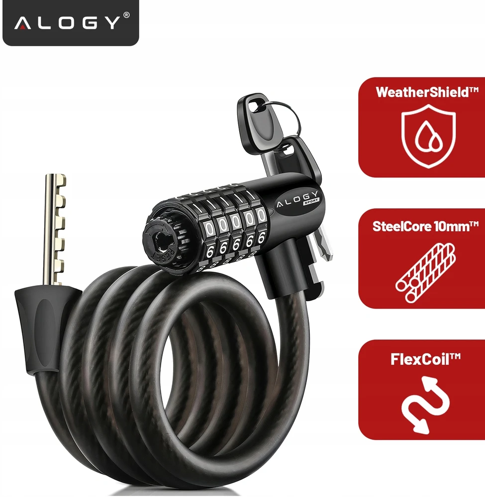 Alogy Dviračio užrakto trosas 120cm 10mm 2IN1 užraktas SU KODU IR RAKTU SU RANKENA