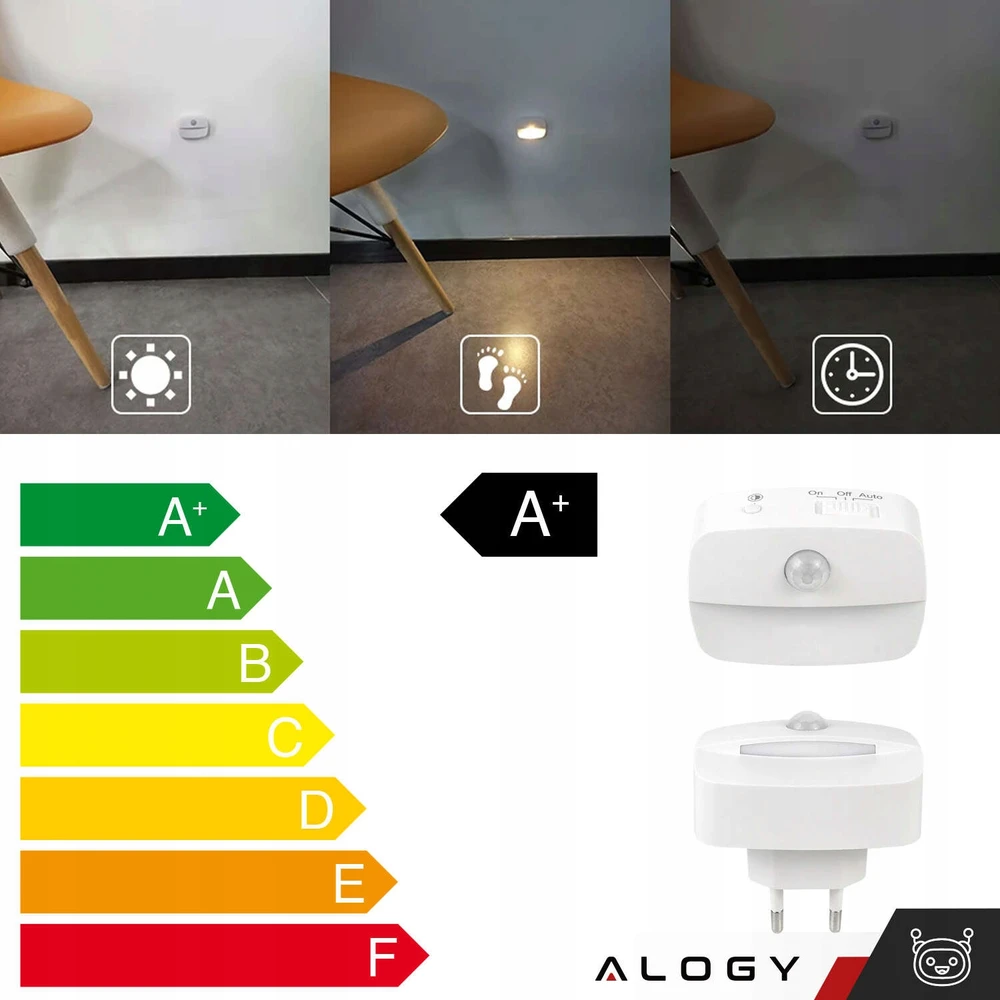 Alogy LED NAKTINIS LEMPAS SU JUDESIO JUTIKUMU ES SOCET 3 REŽIMŲ BALTA ŠVIESA