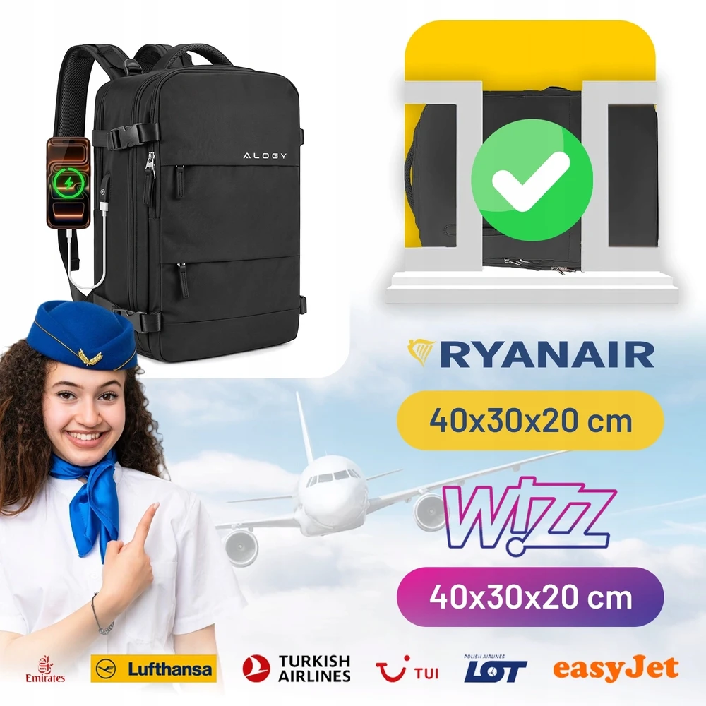 Alogy VACUUM kuprinė kelioninis rankinis bagažas 40x25x20 Ryanair WizzAir TUI LOT