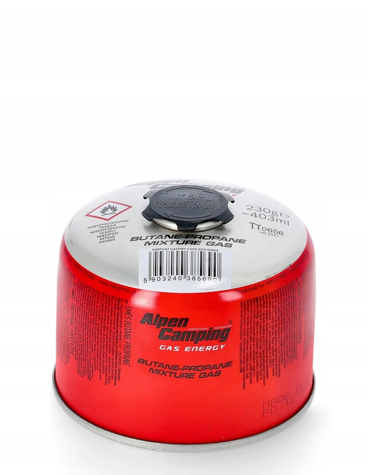 Inko Time Kartusz „Alpen Camping“ 230 g dujų balionėlis. Sertifikatas: Pi 0656, atitinka EN417 standartą, propanas-butanas, temperatūros diapazonas nuo -10 °C iki + 40 °C, srieginis vožtuvas 7/