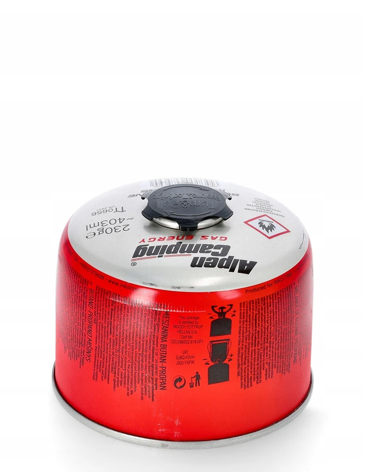 Inko Time Kartusz „Alpen Camping“ 230 g dujų balionėlis. Sertifikatas: Pi 0656, atitinka EN417 standartą, propanas-butanas, temperatūros diapazonas nuo -10 °C iki + 40 °C, srieginis vožtuvas 7/