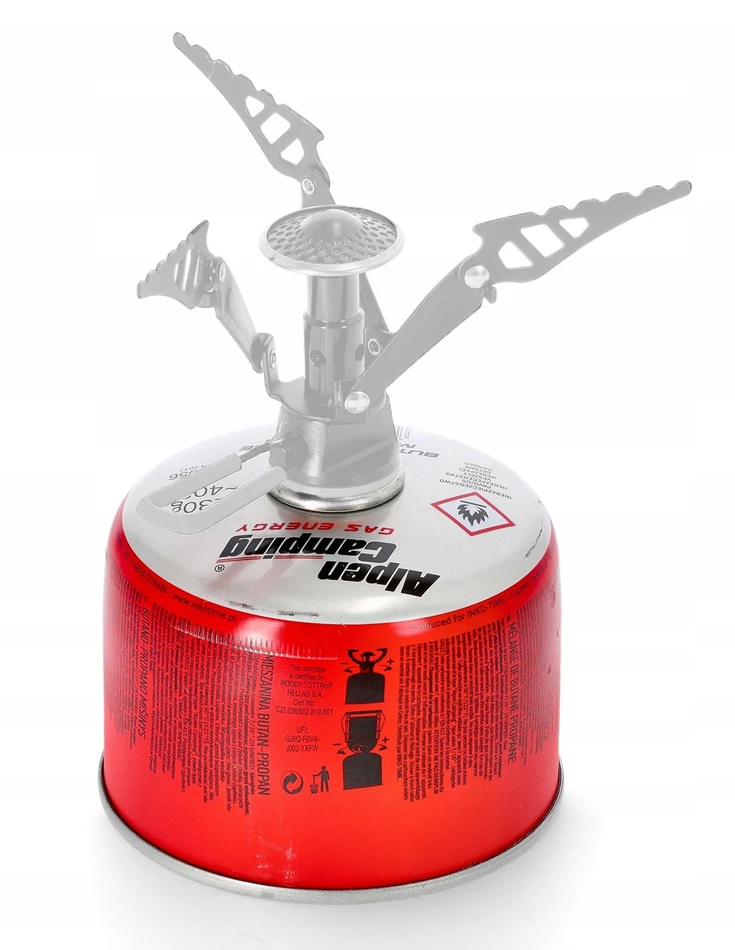 Inko Time Kartusz „Alpen Camping“ 230 g dujų balionėlis. Sertifikatas: Pi 0656, atitinka EN417 standartą, propanas-butanas, temperatūros diapazonas nuo -10 °C iki + 40 °C, srieginis vožtuvas 7/