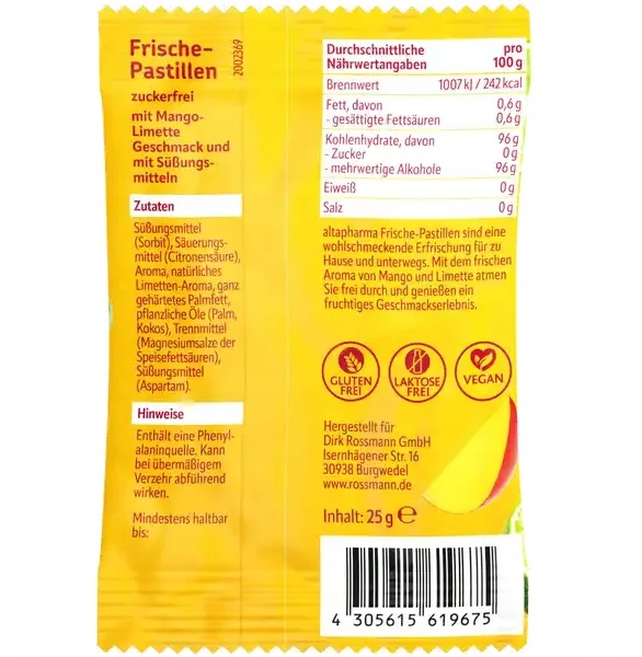 altama Pastilės be cukraus Mango Lime Pastilės Be glitimo Be laktozės