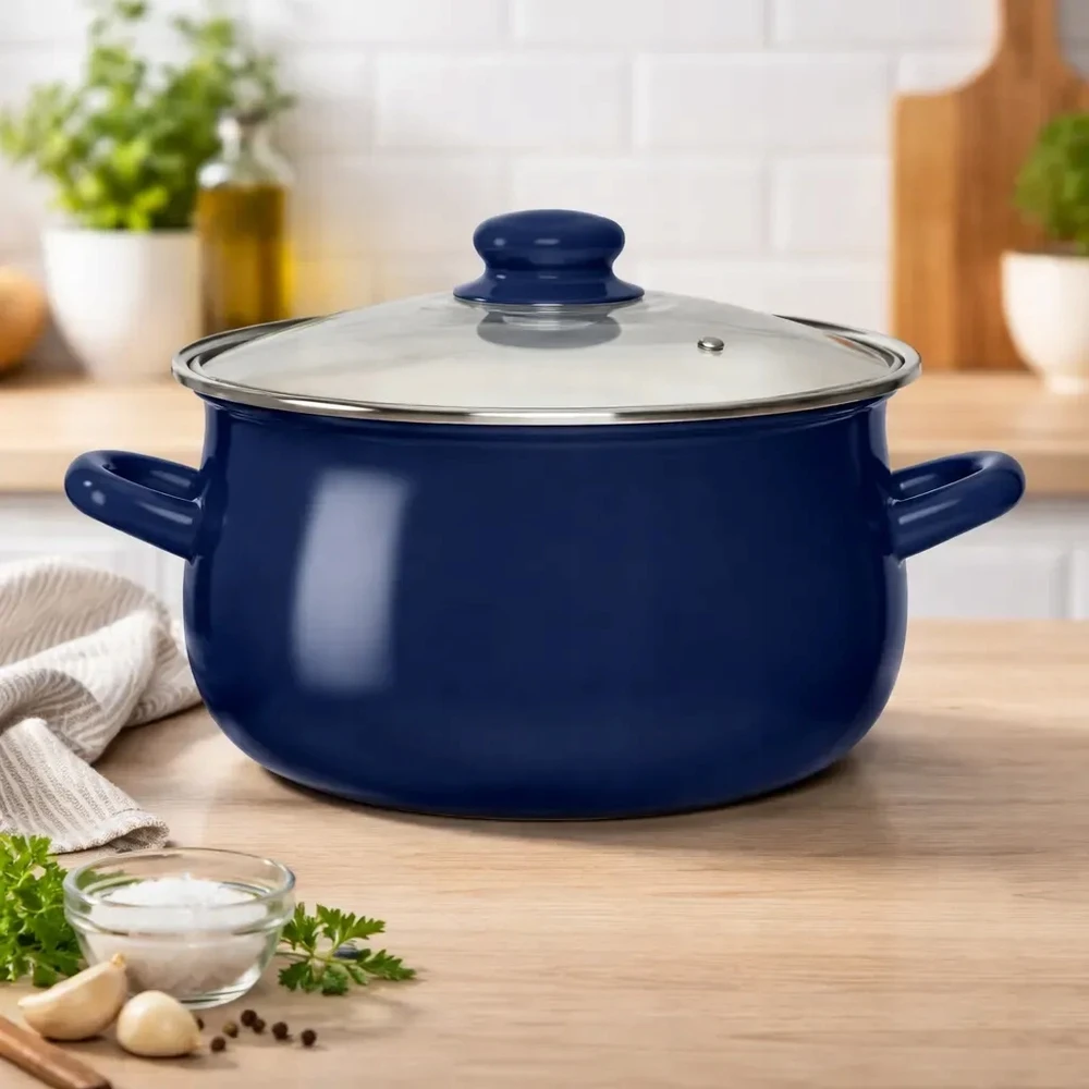 Altom Design EMALINIS PUODAS STIKLINIU DANČIU 22 CM 3,5 L NAVY MĖLYNAS SRIUBAI virti