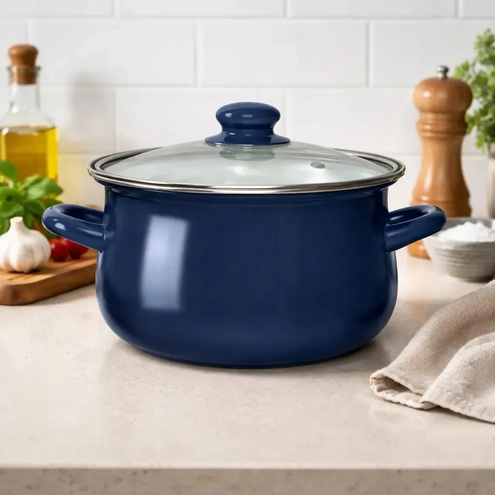Altom Design EMALINIS PUODAS STIKLINIU DANČIU 22 CM 3,5 L NAVY MĖLYNAS SRIUBAI virti