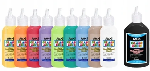 Vitražinių dažų rinkinys GD22P10, Amos, 9 spalvos po 22ml + 40ml juodos spalvos kontūras