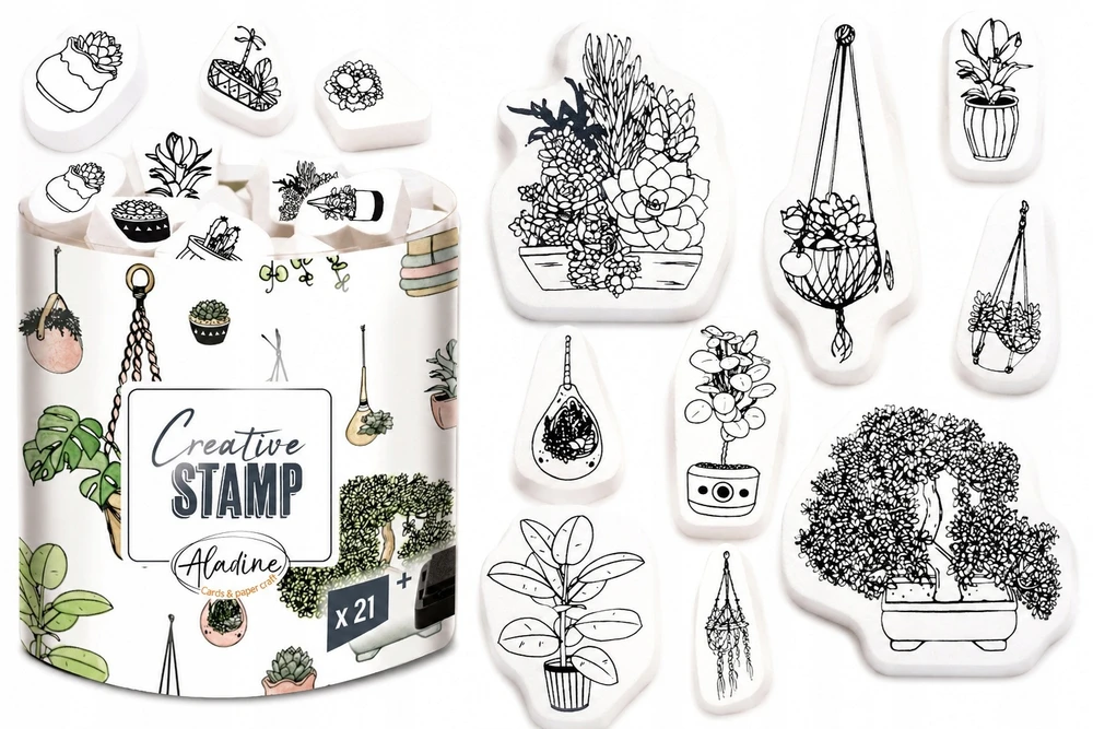 Antspaudų rinkinys Aladine Creative Stamp 21vnt. Plants + pagalvėlė antspaudams juoda