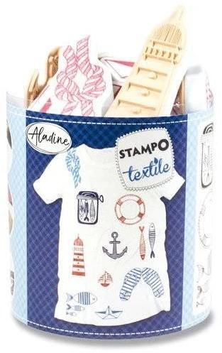 Antspaudų rinkinys Aladine Stampo Textile 13vnt. Navy + pagalvėlė antspaudams juoda