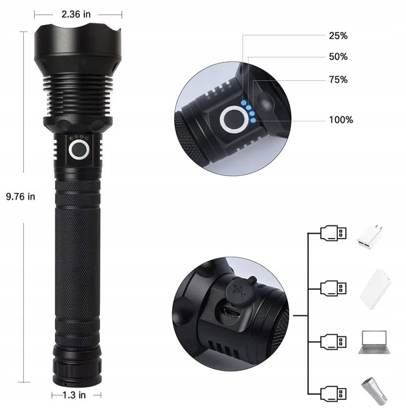 Anytech GALINGAS išgyvenimo taktinis žibintuvėlis W09 įkraunamas karinis ZOOM USB
