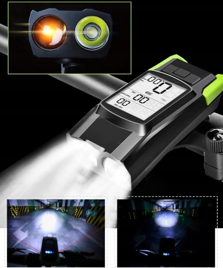 Anytech Galingas LED priekinis dviračio žibintas, USB priekis, ryški šviesa, skaitiklis, skambutis