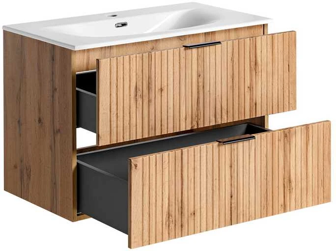 Comad Ąžuolo spalvos pakabinama vonios spintelė su praustuvu Adel oak, 80 cm
