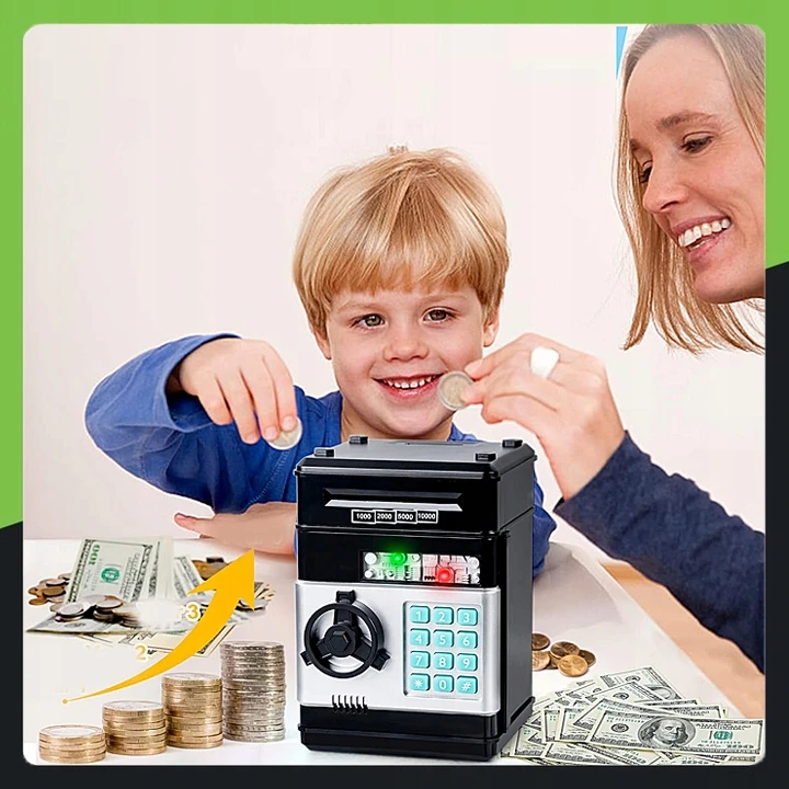 Appio PIGGY BANK Saugus bankomatas VAIKAMS SU PRIEIGOS KODU MONETOS BANKNOTAI + PIN kodas
