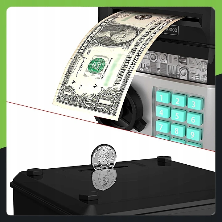 Appio PIGGY BANK Saugus bankomatas VAIKAMS SU PRIEIGOS KODU MONETOS BANKNOTAI + PIN kodas