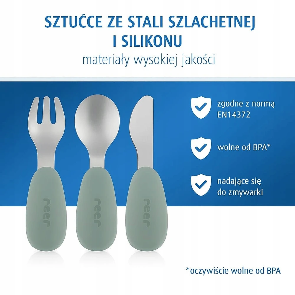Apvalūs vaikiški stalo įrankiai iš nerūdijančio plieno ir silikono, REER rinkinys