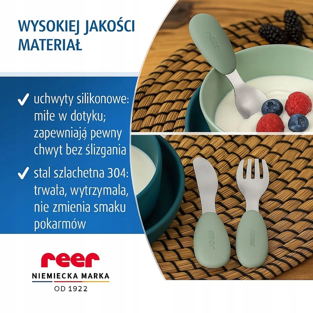 Apvalūs vaikiški stalo įrankiai iš nerūdijančio plieno ir silikono, REER rinkinys