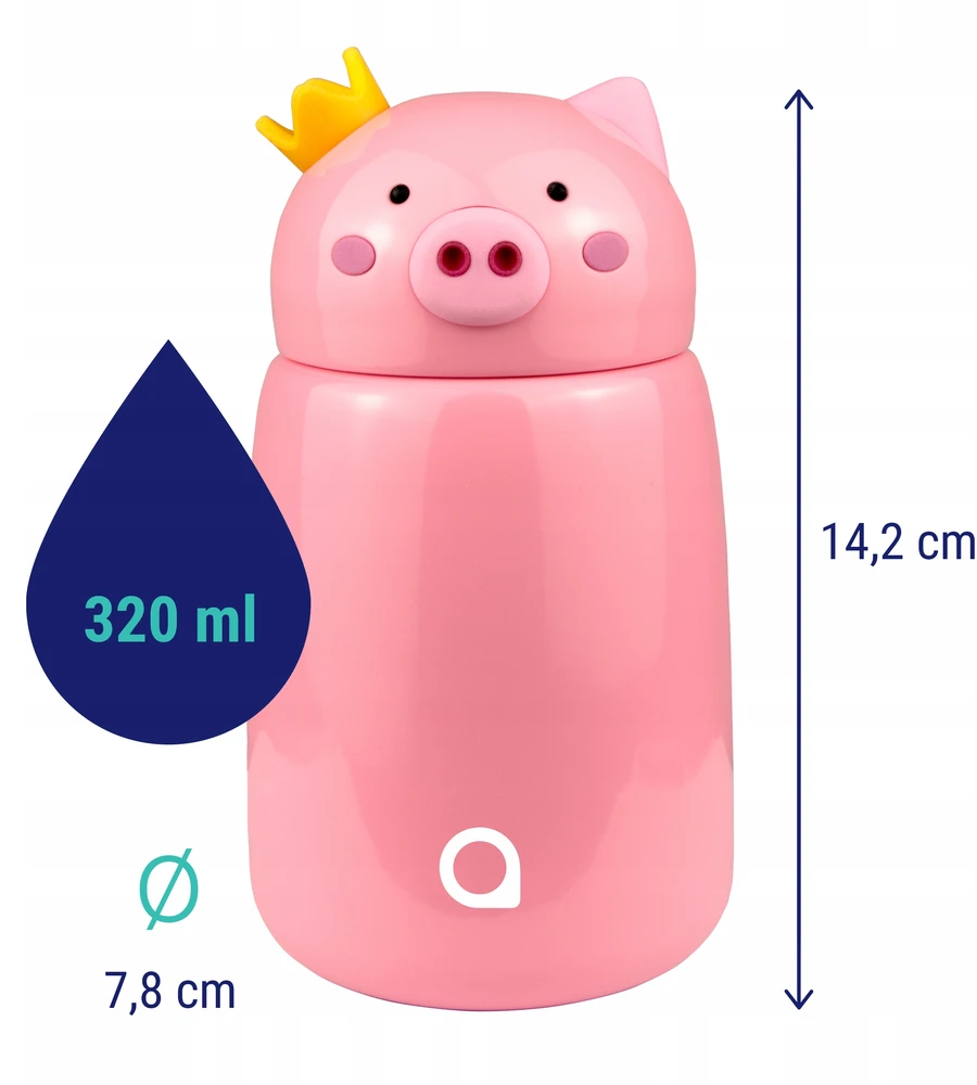 Aquafloow Kūdikių buteliukas termosas 320 ml, skirtas kelionei, kiaulė taupyklė