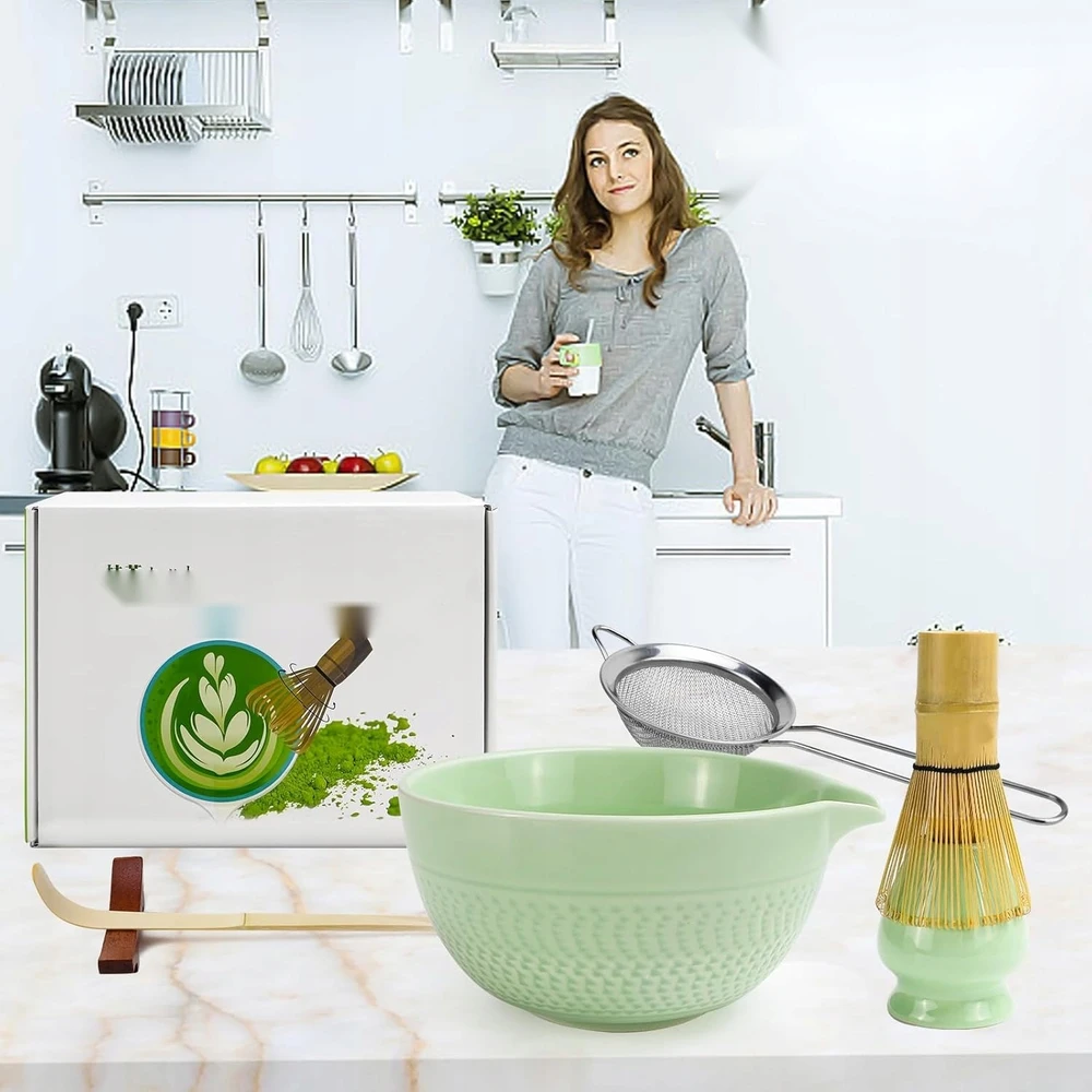 ARBATA MATCHA RINKINYS 6 DALIŲ DUBENIS ATLIEKŲ ŠAUKŠTAS KERAMINIS RINKINYS