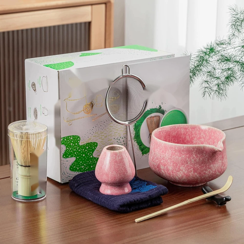 ARBATOS RINKINYS 7 ELEMENTŲ ROŽINĖ KERAMIKOS LATTE PRIEDAI