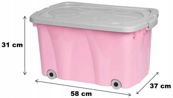 Artgos 45L ROŽINĖ DUŻY POJEMNIK KUFER SKRZYNIA NA ZABAWKI NA KÓŁKACH POKRYWA 58x37