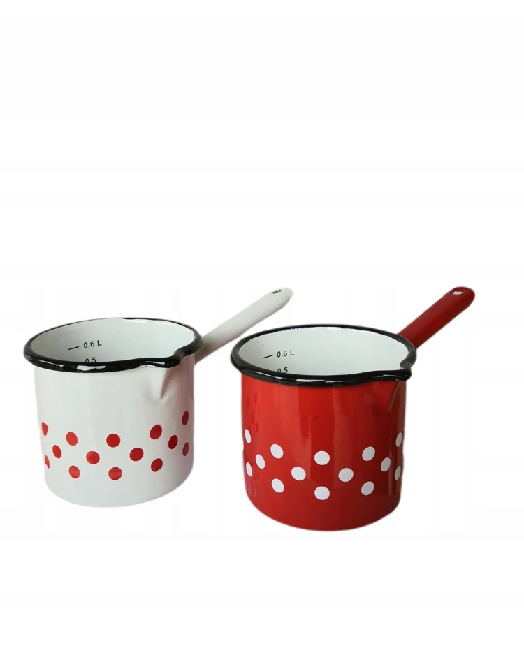 Artnik Retro emaliuotas puodas, 0,5L, su matavimo puodeliu, raudonas su taškeliais