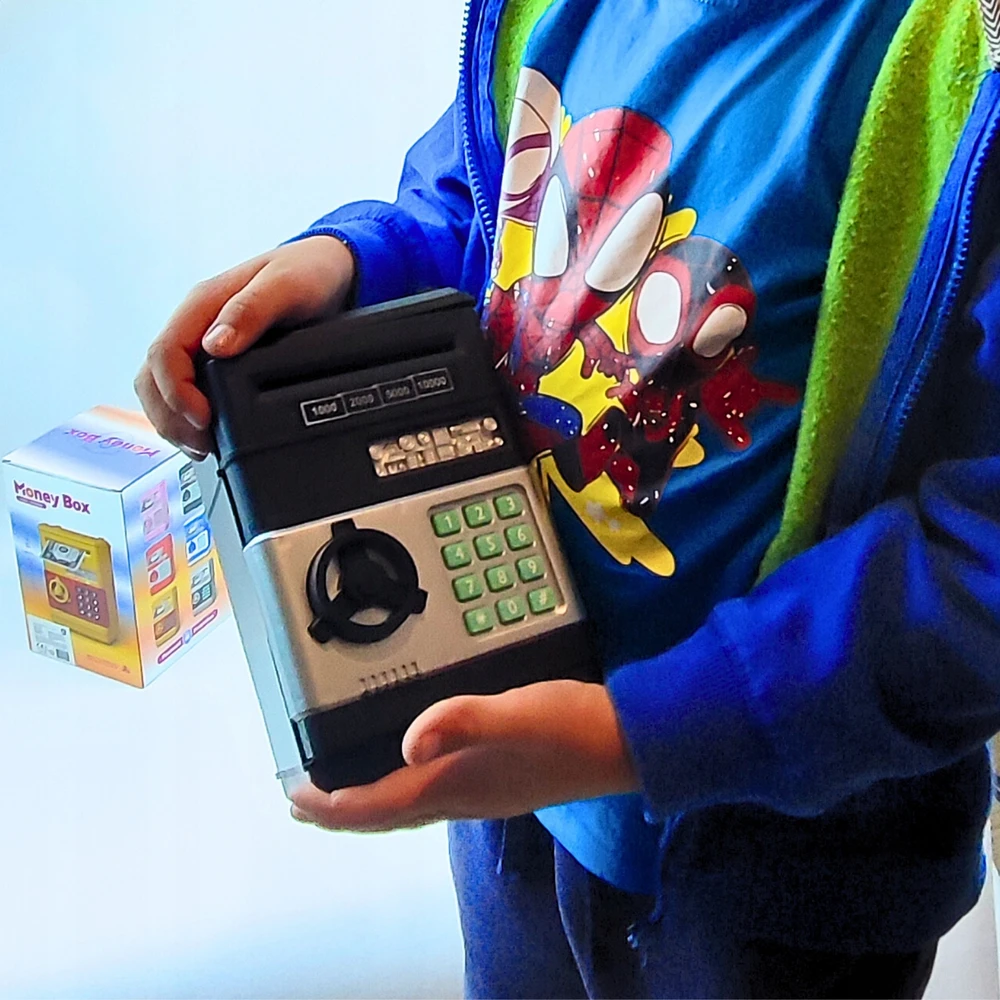 Asato SAUGU, PIGGY BANK VAIKAMS, ŽAISLINIS ELEKTRONINIS bankomatas, PIN kodas, MUZIKA, LED