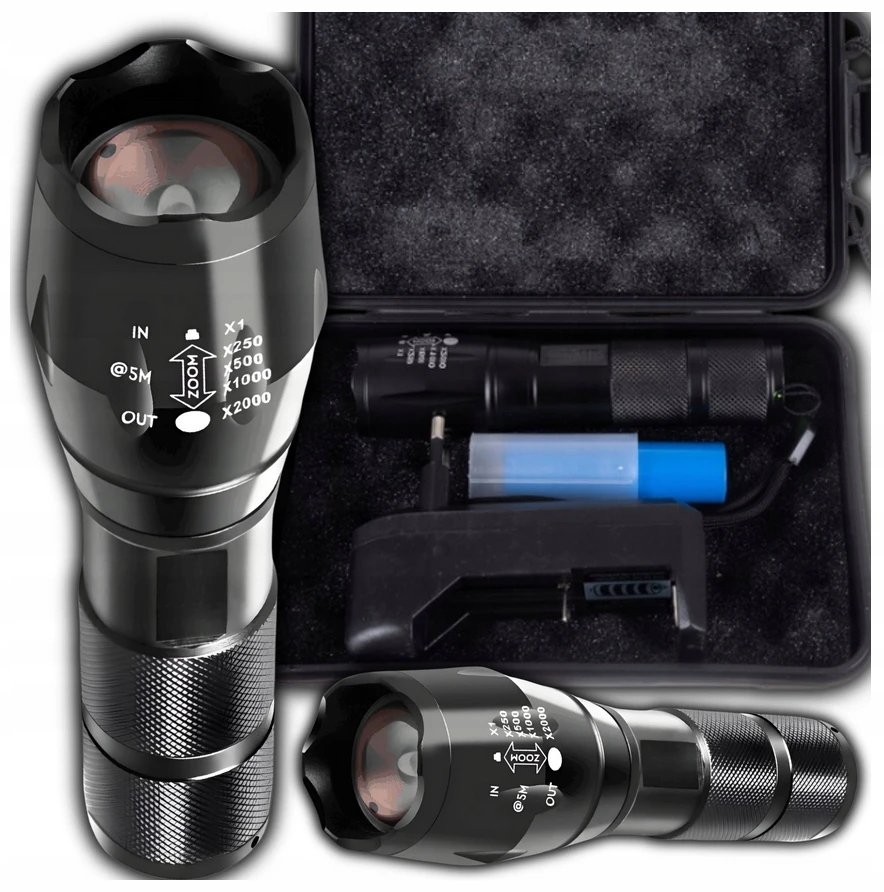 Asato Taktinis žibintuvėlis UV prožektorius 2in1 Survival LED Zoom karinių dėklų rinkinys