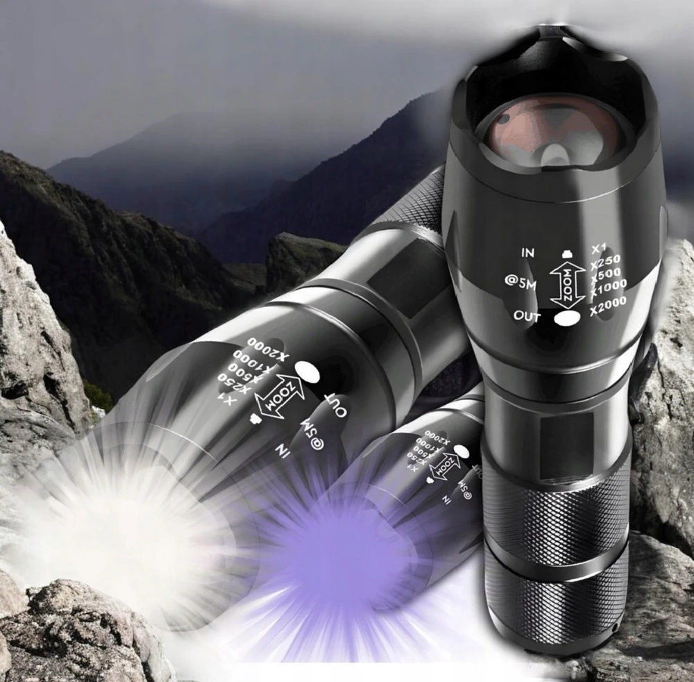 Asato Taktinis žibintuvėlis UV prožektorius 2in1 Survival LED Zoom karinių dėklų rinkinys