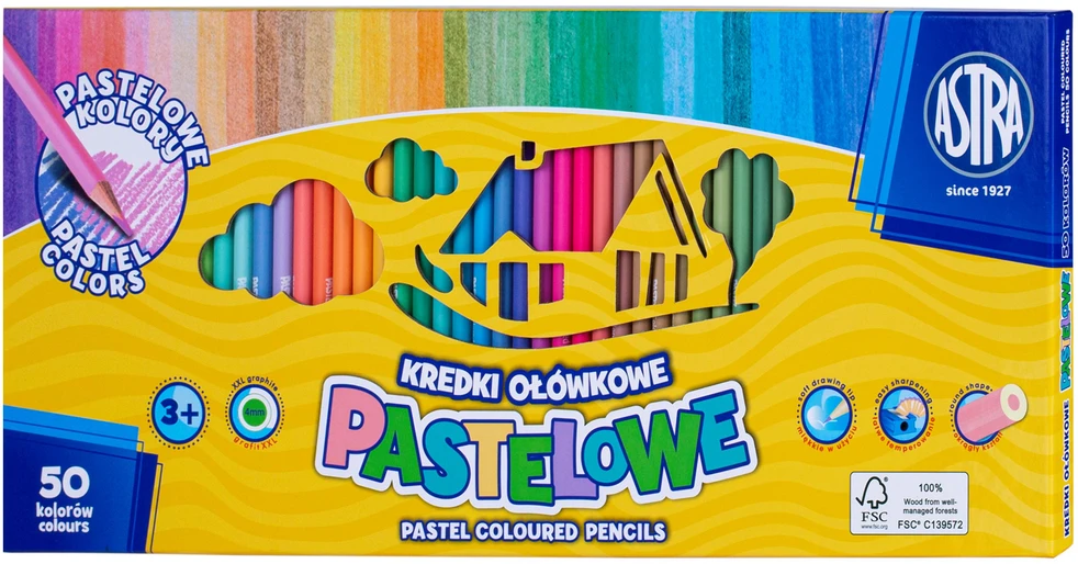 Astra pastelinės spalvos pieštukinės kreidelės, 50 vnt.