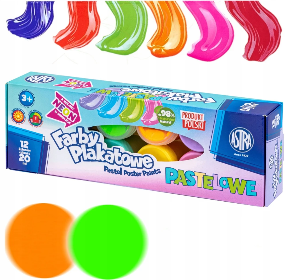 Astra plakato dažai, 12 vnt. x 20 ml, pastelinių spalvų