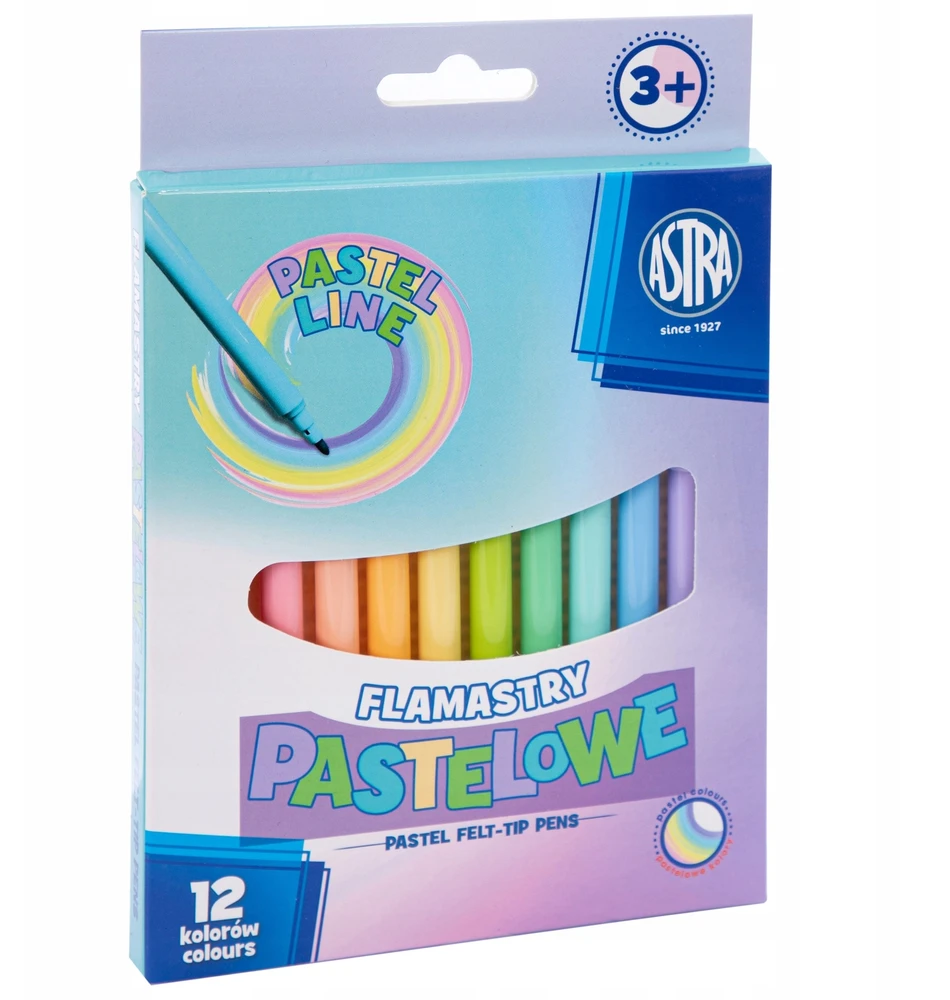 Astra spalvoti flomasteriai, 12 pastelinių spalvų, vaikams