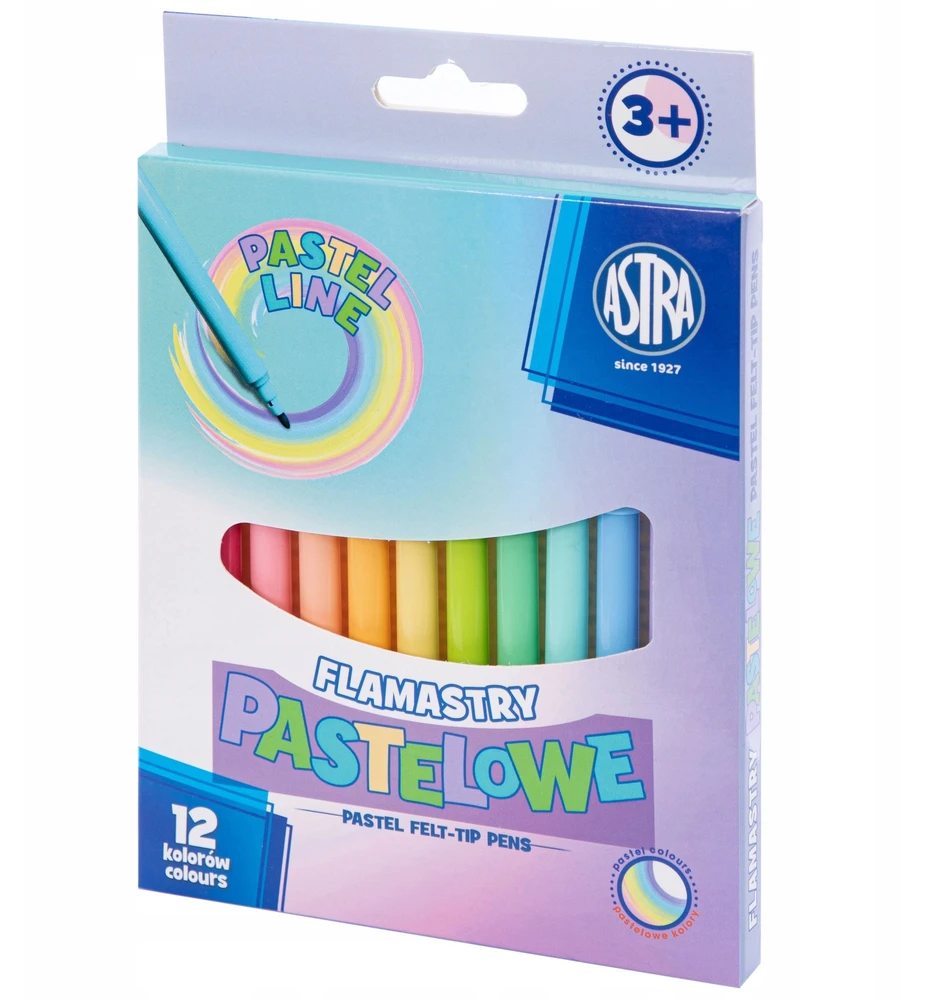 Astra spalvoti flomasteriai, 12 pastelinių spalvų, vaikams