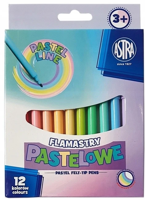 Astra spalvoti flomasteriai, 12 pastelinių spalvų, vaikams