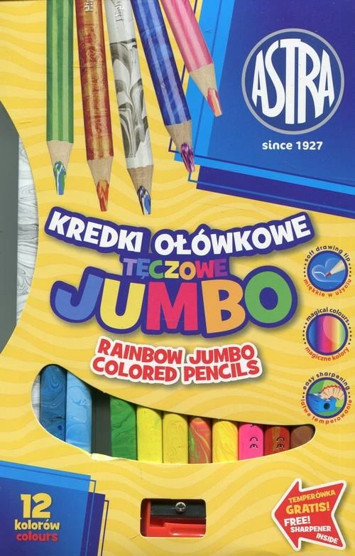 Astra Vaivorykštiniai trikampiai spalvoti pieštukai Jumbo, 12 spalvų rinkinys