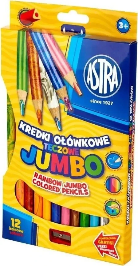 Astra Vaivorykštiniai trikampiai spalvoti pieštukai Jumbo, 12 spalvų rinkinys